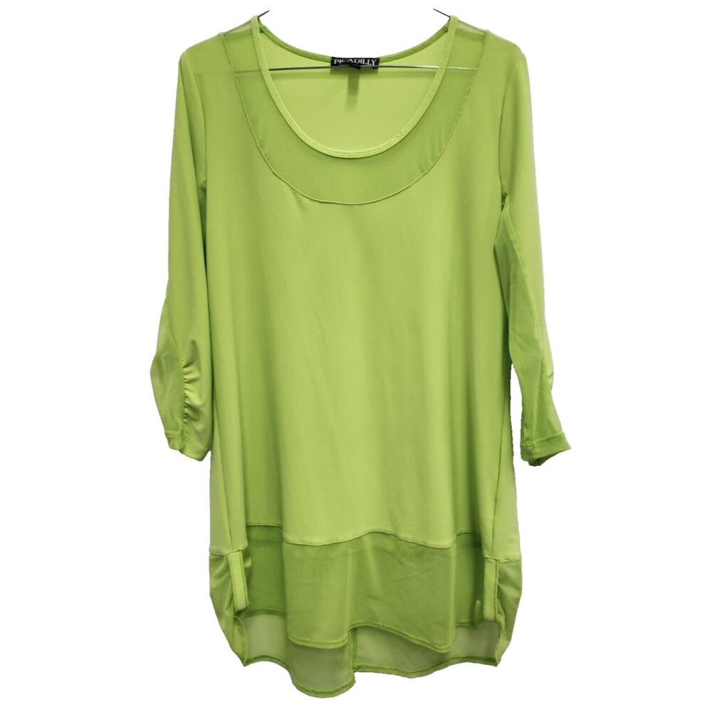 Picadilly Womens Wearable Art Tunic Top Medium Neon Green Mesh Insert 3/4 Sleeve